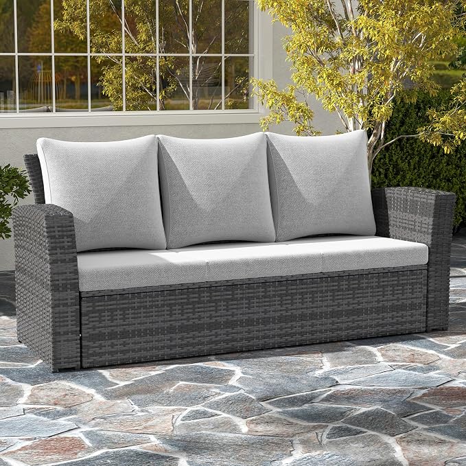Wisteria Lane All Weather Wicker Patio Couch, 3 Seats Patio Sofa with Thick Cushions, Outdoor Furniture Couch with High Back, Outdoor Patio Sofa for Garden, Backyard, Porch, Grey