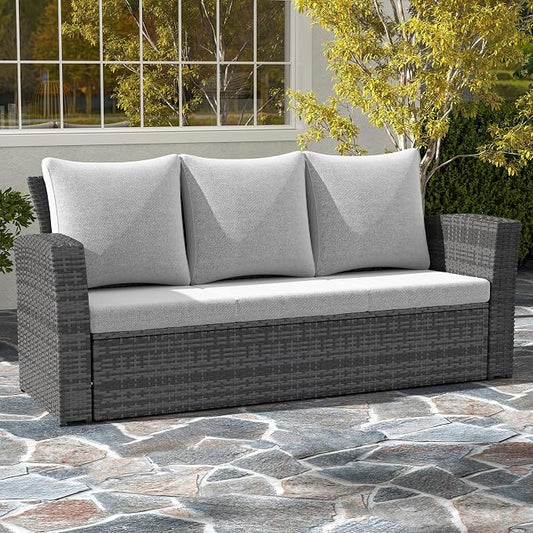 Wisteria Lane All Weather Wicker Patio Couch, 3 Seats Patio Sofa with Thick Cushions, Outdoor Furniture Couch with High Back, Outdoor Patio Sofa for Garden, Backyard, Porch, Grey