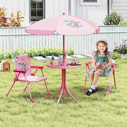 Costzon Kids Picnic Table, Kids Outdoor Table with 2 Folding Chairs, Height Adjustable Umbrella, Portable Children Outdoor Furniture for Patio, Garden, Backyard (Pink)