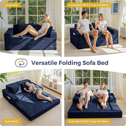 MAXYOYO Loveseat Sofa Bed, 64" Foldable Floor Sofa Couch in A Box with 2 Cup Holders, 4 in 1 Convertible Boneless Couch Folding Recliner Chair for Living Room, No Assembly Required, Navy