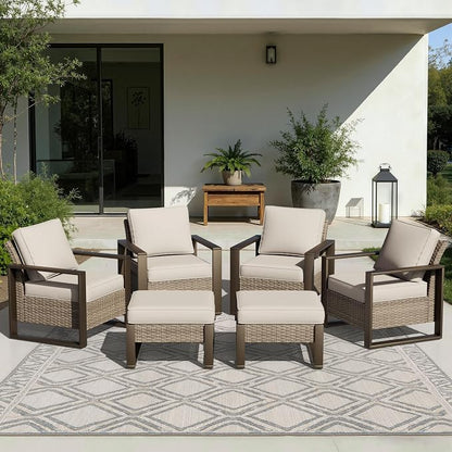 Joyside Outdoor Patio Chairs, 6 Pieces Wicker Rattan Furniture Set, 4 Patio Chairs and 2 Ottoman, Metal Wide Armrest, Thick Cushions and Deep Seating for Garden, Backyard, Porch, Deck