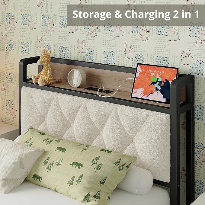 ANCTOR Twin XL Bed Frame, Storage Headboard with Charging Station, Platform Bed Frame with Strong Metal Support, Sturdy and Stable, Noise Free, No Box Spring Needed, Easy Assembly, Wood and Cream