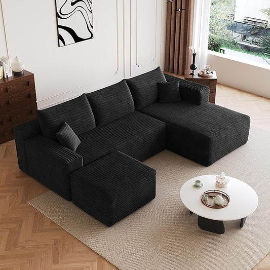 95" Cloud Boneless Sectional Sofa Couch with Chaise Lounge and Ottoman, Modern Corduroy Right Facing Modular Sectional Sofa Compressed Corner Couch with Deep Seat, No Assembly Required