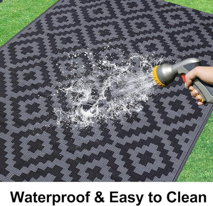 Smiry Waterproof Outdoor Rug 8x10 ft, Reversible Plastic Straw Patio Camping Rugs, Outdoor Indoor RV Mat Carpet for Patio, Outside Entry, Backyard, Deck, Bench, Picnic, Camper, Black & Grey