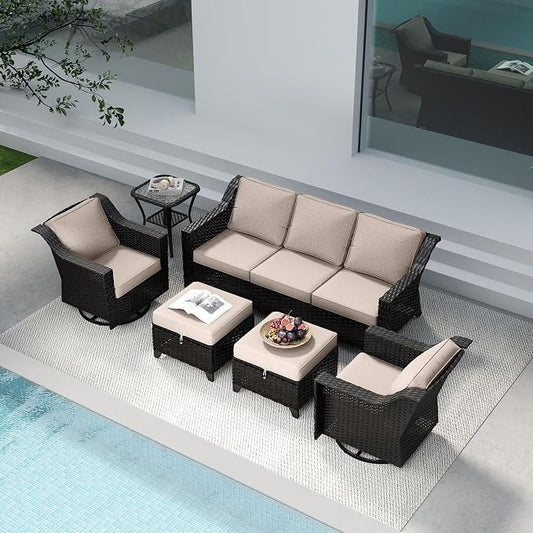 6 Pieces Patio Conversation Furniture Set - 1 Sofa, 2 Swivel Chairs, 2 Ottomans, 1 Side Table, Outdoor Wicker Furniture with Removable Cushions for Porch, Balcony, Sunroom (Beige)
