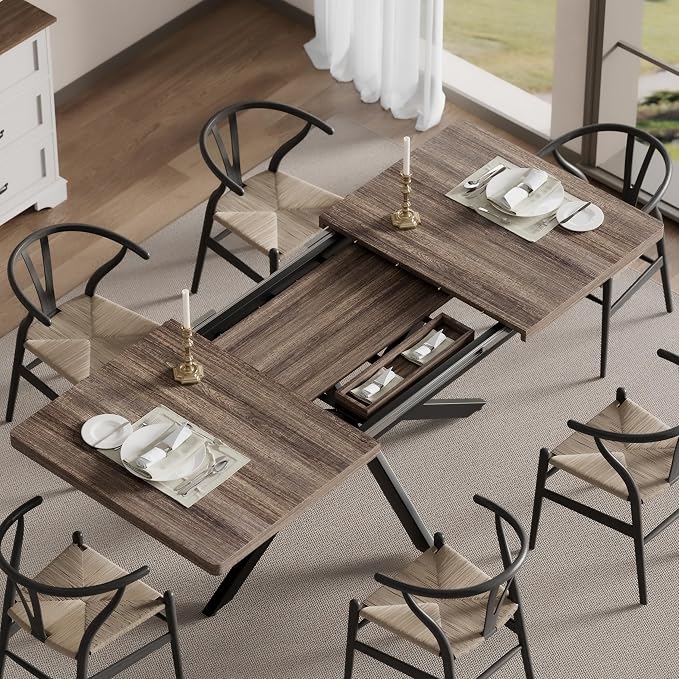 Extendable Dining Room Table for 4 6 8, 55"-71" Long Rectangle Kitchen Table,Wood Expandable Dining Table with Hidden Storage, Space Saving, For Kitchen Dining Living Room, Farmhouse, Dark Walnut