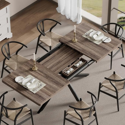 Extendable Dining Room Table for 4 6 8, 55"-71" Long Rectangle Kitchen Table,Wood Expandable Dining Table with Hidden Storage, Space Saving, For Kitchen Dining Living Room, Farmhouse, Dark Walnut