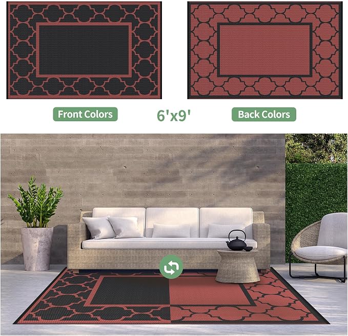 GENIMO 6' x 9' Outdoor Rug Waterproof for Patio Decor, Foldable Reversible Plastic Straw Area Rugs Mat for Camper, Outside Carpet for Rv, Deck, Porch, Picnic, Beach, Balcony, Black & Red