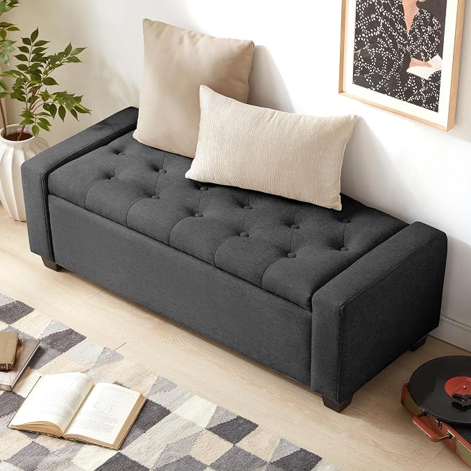 Huatean Home 48" Ottoman with Storage, Storage Ottoman Bench with Safety Hinge, Upholstered Entryway Bench with Seating for Bedroom, Living Room, Holds up to 330 lb, Dark Gray