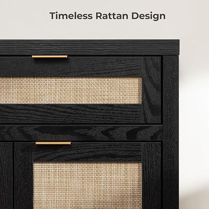 SICOTAS Rattan Sideboard Buffet Cabinet with Storage, Boho Credenza Accent Cabinet with 3 Doors and 2 Drawers, Farmhouse Console Coffee Bar Cabinets for Living Room Kitchen Entryway, Black Oak, 2 PCS