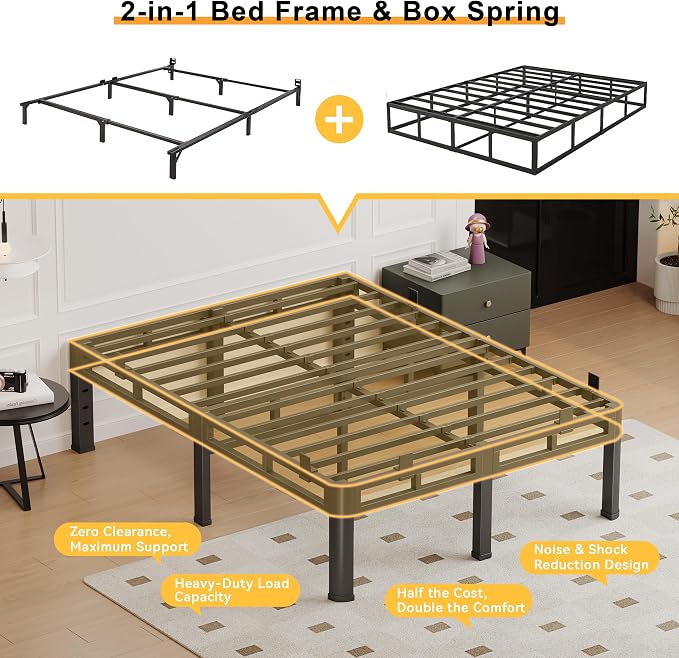 14 Inch Full Bed Frames Heavy Duty, Metal Double Layer Steel 4000 lbs Capacity, Platform with Large Under Bed Storage Space, No Box Spring Needed, Noise-Free, Easy Assembly