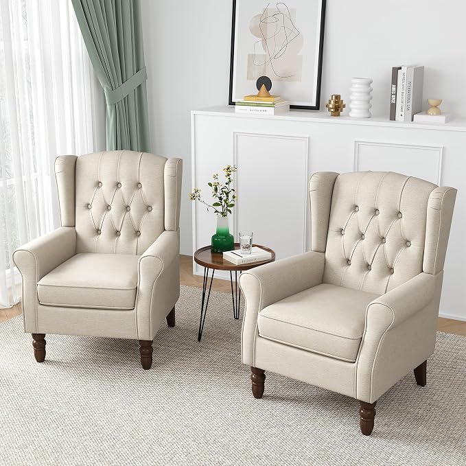 Wingback Accent Chairs Set of 2, High Back Arm Chair for Living Room, Button-Tufted Upholstered Fabric Armchair with Solid Wood Legs, Comfy Single Sofa Reading Chair for Bedroom, Beige