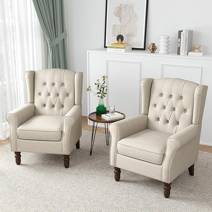 Wingback Accent Chairs Set of 2, High Back Arm Chair for Living Room, Button-Tufted Upholstered Fabric Armchair with Solid Wood Legs, Comfy Single Sofa Reading Chair for Bedroom, Beige