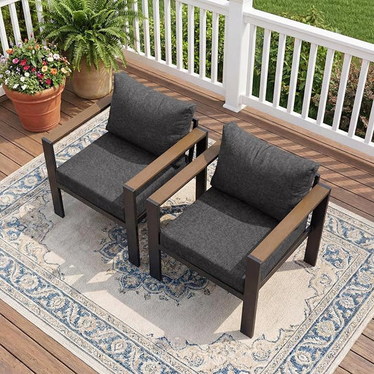 Patio Furniture Armchair Set of 2, All-Weather Patio Sofa with Washable Thick Cushion, Deluxe Aluminum Modern Outdoor Sectional for Porch, Balcony, Deck, Yard, Dark Gray