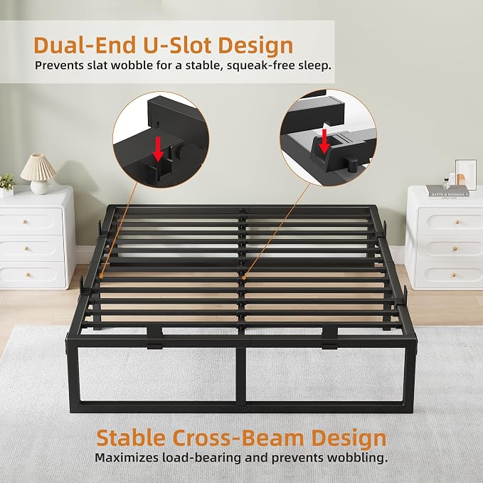 Queen Bed Frame, 16 Inch Metal Platform Bed Frames with Squeak Free U-Slot Design, 6 Non-Slip Guards, 3500lbs Heavy Duty Steel Slat Support, No Box Spring Needed, Under Bed Storage, Black