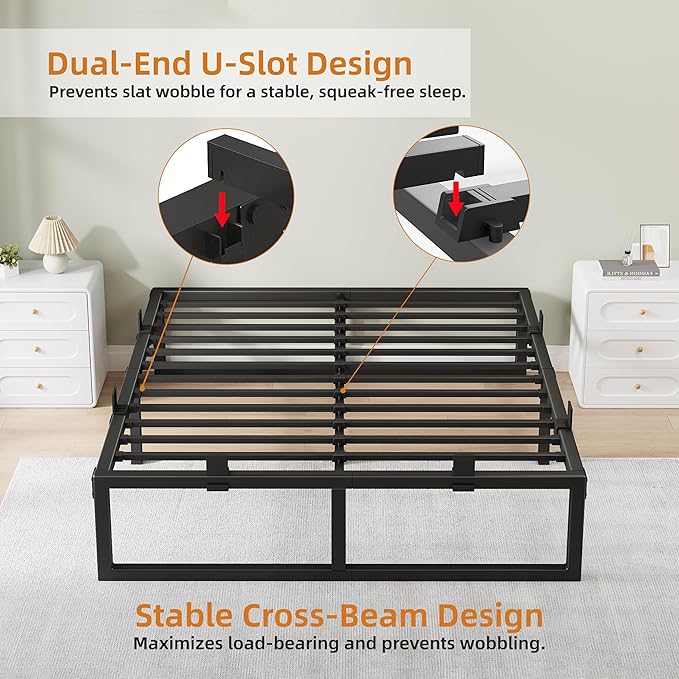 Full Size Bed Frame, 16 Inch Metal Platform Bed Frames with Squeak Free U-Slot Design, 6 Non-Slip Guards, 3500lbs Heavy Duty Steel Slat Support, No Box Spring Needed, Under Bed Storage, Black