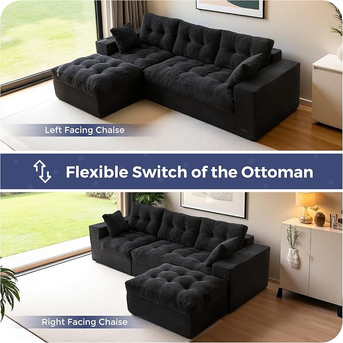 MAXYOYO 96" L Shaped Modular Sectional Sofa with Ottoman, Cloud Boneless Couch with Layered Cushion, Upholstered Sofa in a Box, Flexible Module Combination for Living Room, No Assembly, Black