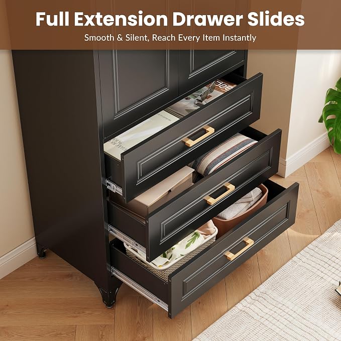 Metal Wardrobe Cabinets with 3 Drawers,Black Armoire Wardrobe Closet with Hanging Rod,Clothes Storage Cabinet with Adjustable Shelves and Doors,Clothing Cabinet for Bedroom,Laundry Room