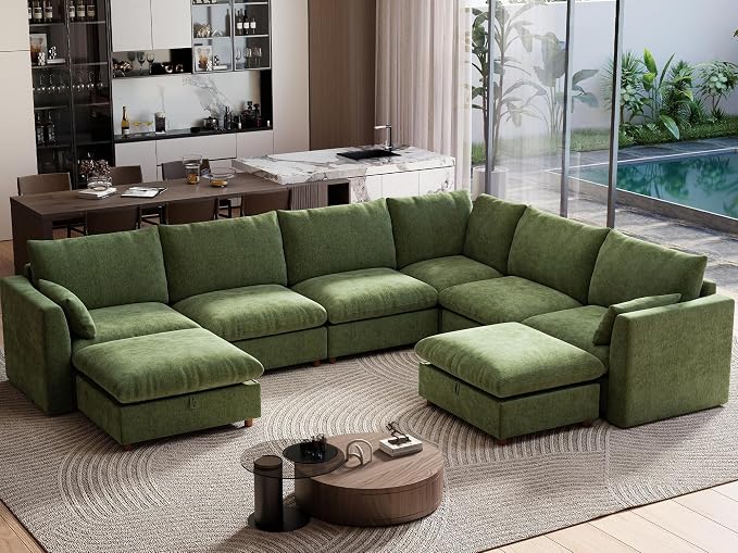 Ihanherry 146" Oversized Modular Sectional Sofa, Modern V Shaped Cloud Couch with 2 Storage Ottoman, 8-Seat Comfy Chenille Deep Seat Sofa with 2 Pillows for Living Room, Green