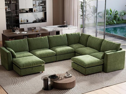 Ihanherry 146" Oversized Modular Sectional Sofa, Modern V Shaped Cloud Couch with 2 Storage Ottoman, 8-Seat Comfy Chenille Deep Seat Sofa with 2 Pillows for Living Room, Green