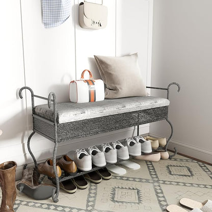 Bluecat 46" Entryway Shoe Bench,Vintage Wrought Iron Shoe Rack Bench with Padded Cushion, Heavy Duty Metal Shoe for Hallway, Foyer, Farmhouse Industrial Decor, Easy Assembly