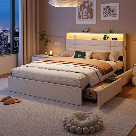 Forestell Full Size Bed Frame with 4 Drawers and Storage Headboard, Upholstered Platform Bed Frame Full Size with LED Lights and Charging Station, Metal Slats Support, No Box Spring Needed, Beige