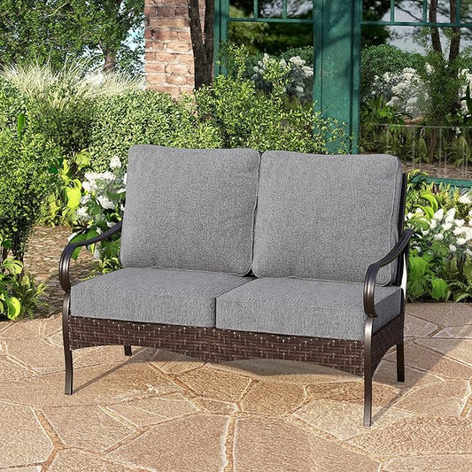 PHI VILLA Wicker & Metal Outdoor 2-Seat Patio Couch,Patio Sofa Loveseat with Deep Seating for Front Porch, Deck, Balcony, Backyard, Sunroom,Grey