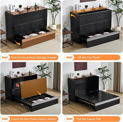 VINGLI Full Size Murphy Bed with Storage Drawer,Smart LED Lighting,Built-in 2 Charging Stations, Space-Saving Cabinet Bed for Kids,Adults & Guests,Classic Black
