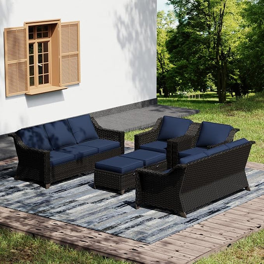 Joyside Wicker Patio Furniture Sets, 6 Pieces Upgraded Large Size Outdoor Furniture with Swivel Rocking Patio Chairs, Two 3-Seat Sofa, Outdoor Ottoman, Thick Cushions, Wide Armrest, Blue