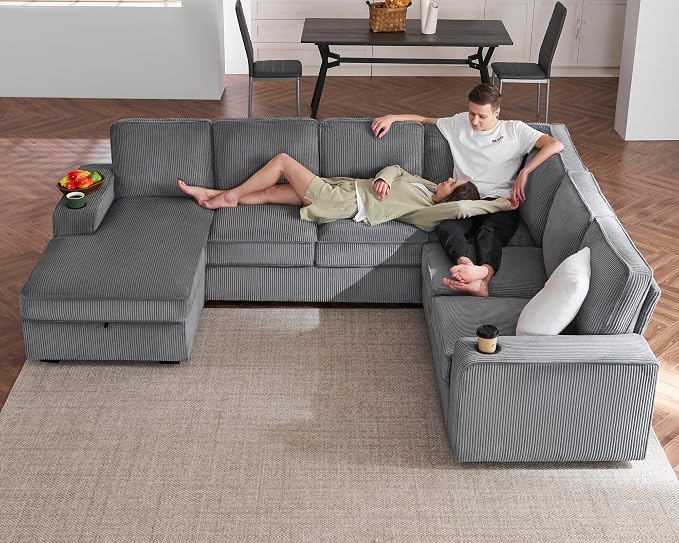 AMERLIFE 112 Inch U Shaped Couch, Oversized Couch with Storage Chaise & Cup Holders, Sectional Sofa with USB & Type-C Charging Ports, Corduroy Grey