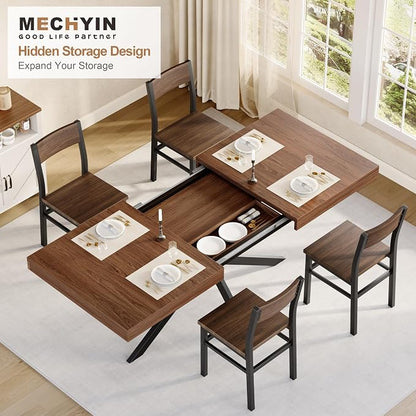 5-Piece Dining Table Set for 4 6 8, Large 55"-70.9" Extendable Dining Room Table Rectangle with Kitchen Chairs of 4, MDF Wood & Metal Frame for Apartment Kitchen Saving Space, Rustic Farmhouse, Walnut