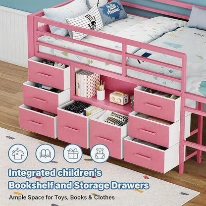 Einhomn Twin Low Loft Bed with 8 Drawers, Bookshelf, Heavy Duty Metal Kids Loft Bed with 13 Inch Safety Guardrail, Play Curtain, Under-Bed Play Area - Pink