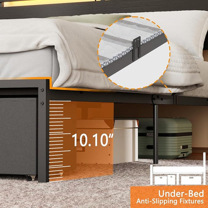 Forestell Full Size Bed Frame with Wood Headboard, Black Platform Bed with 2 Storage Drawers & Shelf, Built in Charging Station & LED Lights, Metal Support, No Box Spring Needed, Camas Full