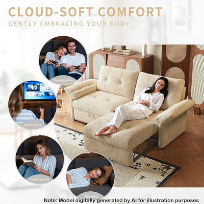 81.5'' Full Sleeper Sofa, Pre-Assembled, Chenille Pull Out Couches Bed, 3-in-1 Convertible Sofa, Adjustable Backrest, Small Loveseat for Small Space, Living Room, Apartment, Chenille Beige