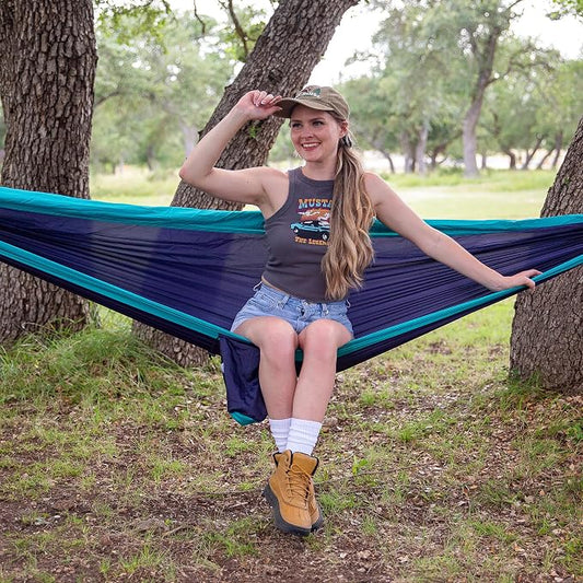SUNCREAT Camping Hammock, Portable Hammocks with Tree Straps & Carrying Bag, Camping Essentials Gear, Dark Blue