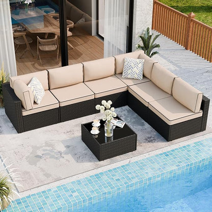7 Piece Outdoor Patio Furniture Set,Black PE Rattan Wicker Sectional Sofa, All Weather Conversation Set with Washable Cushions & Glass Coffee Table for Backyard Poolside Garden Porch,Khaki