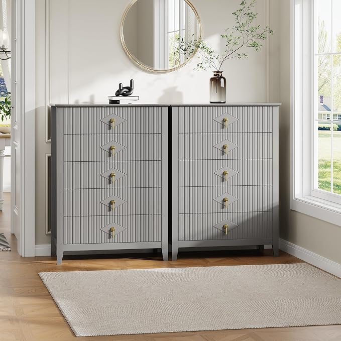 GarveeHome Fluted Dresser for Bedroom, 42.9" Tall 5-Drawer Wood Dresser, Modern Chest of Drawers, Storage Organizer Cabinet for Living Room, Hallway, Entryway, Grey