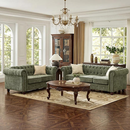 Modern Chesterfield 2-Piece Chenille Sofa & Loveseat Combo, Tufted Couch and Love Seat with Rolled Arms Nailhead Trim and Solid Wood Legs Traditional Upholstered Sofa Set for Living Room Home Green