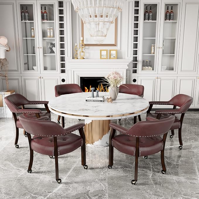 LEEMTORIG Set of 6 Large Dining Chairs with Casters and Arm, Rolling Dining Chair with Wheel, Poker Table Chairs, Boss Caption's Chair, 26"D x 25.2"W x 31.5"H, Espresso Legs & Wine Red PU, XXY-1910-WR
