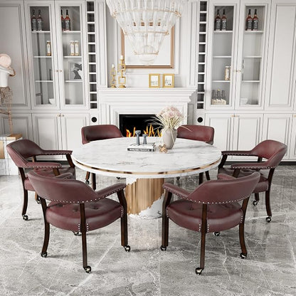 LEEMTORIG Set of 6 Large Dining Chairs with Casters and Arm, Rolling Dining Chair with Wheel, Poker Table Chairs, Boss Caption's Chair, 26"D x 25.2"W x 31.5"H, Espresso Legs & Wine Red PU, XXY-1910-WR