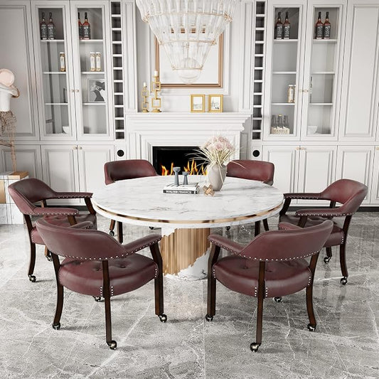 LEEMTORIG Set of 6 Large Dining Chairs with Casters and Arm, Rolling Dining Chair with Wheel, Poker Table Chairs, Boss Caption's Chair, 26"D x 25.2"W x 31.5"H, Espresso Legs & Wine Red PU, XXY-1910-WR