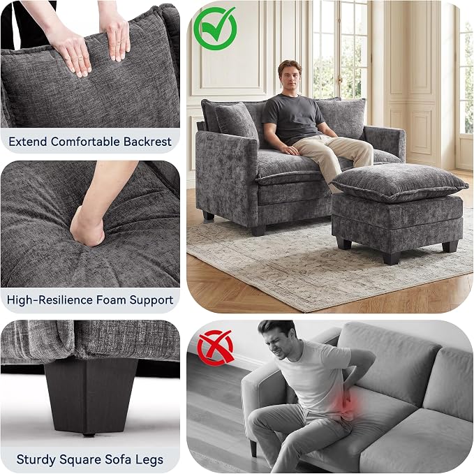 L-Shape Loveseat Sofa Couch with Ottoman, Small 50" Love Seat 27" Deep Cloud Sofa Washable Chenille Pillow for Apartment Bedroom Dorm Attic Studio Office Living Room Small Space 8833-GREY-L