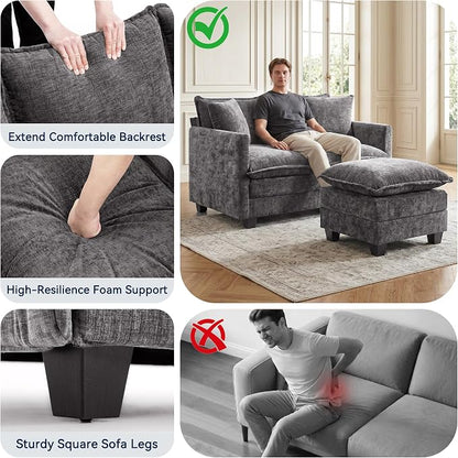 L-Shape Loveseat Sofa Couch with Ottoman, Small 50" Love Seat 27" Deep Cloud Sofa Washable Chenille Pillow for Apartment Bedroom Dorm Attic Studio Office Living Room Small Space 8833-GREY-L
