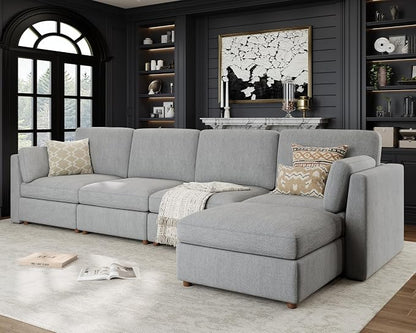 Oversized Modular Sectional Sofa L-Shaped Cloud Couches Gray | 150'' Deep Seat Couch for Living Room, 5-Seater Luxury Corner sofa with Ottoman, Solid Wood Frame, Removable Washable Cover