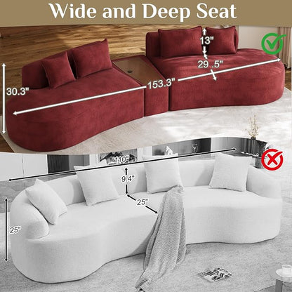 153.3" Oversized Curved Sectional Sofa, Luxury Chenille Cloud Couch for Living Room, Large Modern Modular Deep Seat Sofa with Movable Coffee Table & USB, No Assembly Needed, Red