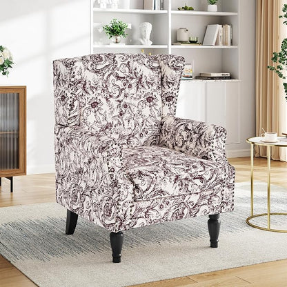 Pia Ricco High Back Floral Accent Chair - Retro Wingback Upholstered Armchair with Nailhead Trim, Solid Wood Legs, Fabric Living Room Bedroom Reading Chair (Rococo Plum)
