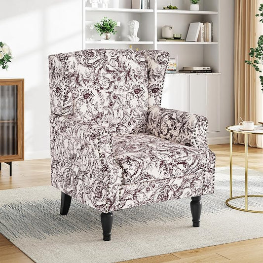 Pia Ricco High Back Floral Accent Chair - Retro Wingback Upholstered Armchair with Nailhead Trim, Solid Wood Legs, Fabric Living Room Bedroom Reading Chair (Rococo Plum)