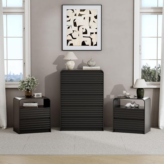 Dresser and Nightstand Sets for Bedroom, 3 Pcs Bedroom Set, Fluted 5 Drawer Dresser with Curved Profile and Night Stand Set of 2 with Charging Station, Wood Chest of Drawers, Black
