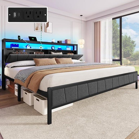 YITAHOME Queen Bed Frame with Storage Headboard, LED Upholstered Platform Bed with Charging Station, Metal Slats, No Box Spring Needed, Easy Assembly - Gray