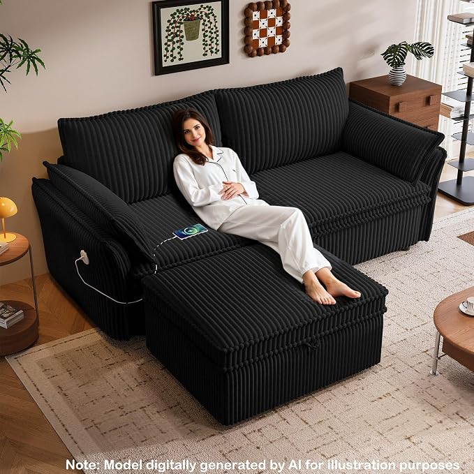 85'' Sofa Bed Full Size, Tool-Free Assembly, 3 in 1 Convertable Sleeper Sofa, Corduroy Couches with Pull Out Bed, USB & Storage, Modern Loveseat for Small Space, Living Room, Corduroy Black
